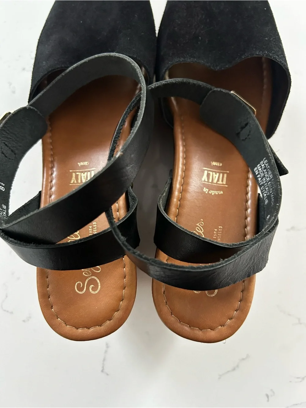 Seychelles black platform sandal heels leather suede size 8.5
